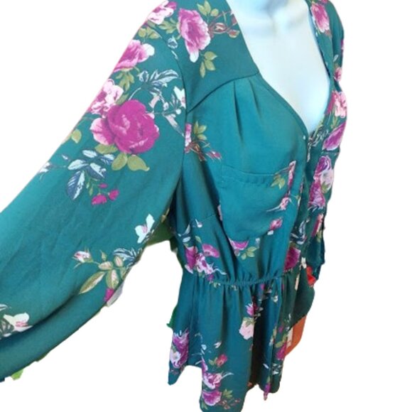 Green and Pink Floral Blouse Size Medium - Picture 2 of 5